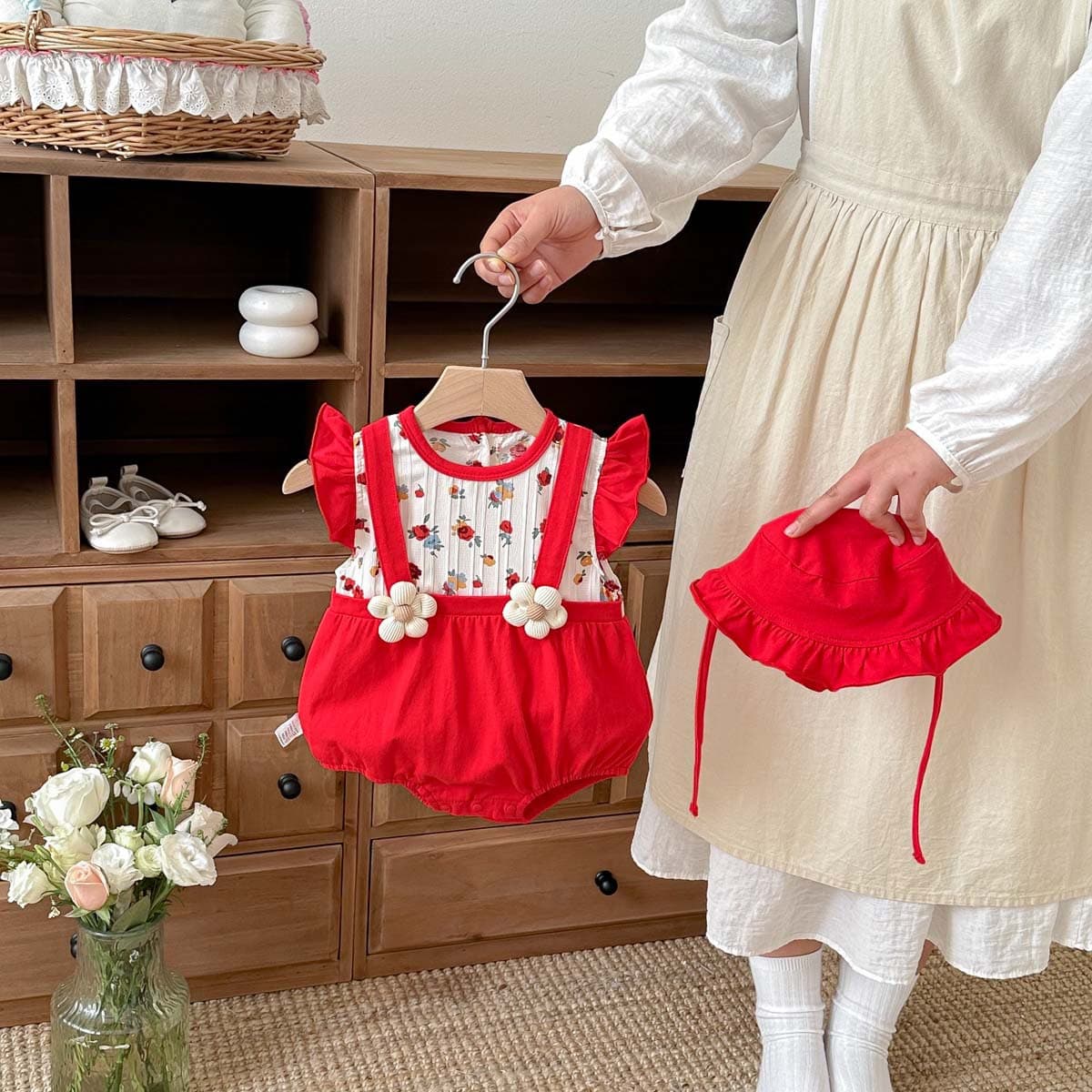 Newborn Baby Girl Sweet Patchwork Suspender Bodysuit with Diaper Cover, Red Romper for Full Moon Photo