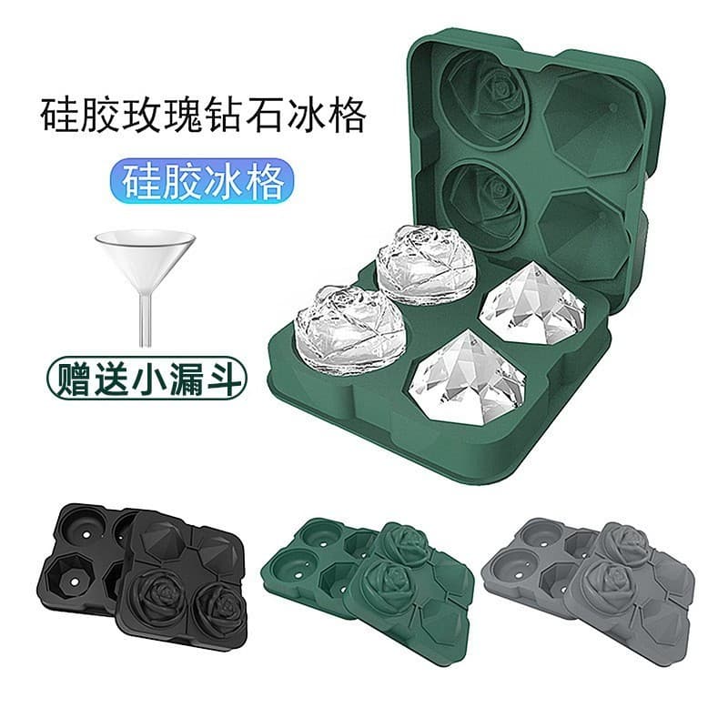 4-Hole Rose Diamond Ice Cube Mold Cocktail Ice Ball Maker Silicone Ice Tray Amazon Hot Sale