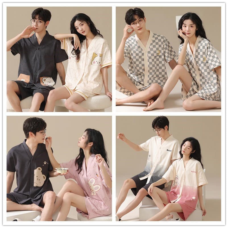Drop Shipping Summer Cotton V-Neck Couple Pajamas Men Women Short Sleeve Cooling Thin Cotton Homewear Set