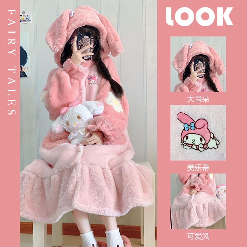 Melody Winter Bathrobe for Women, Thick Long Coral Fleece Autumn/Winter Robe, Flannel Pajama Homewear Set