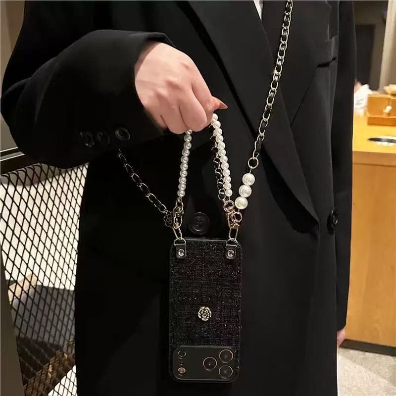 Chanel-style Black Wool Camellia Phone Case for iPhone 15 16 Pro Max 17PM Crossbody 14