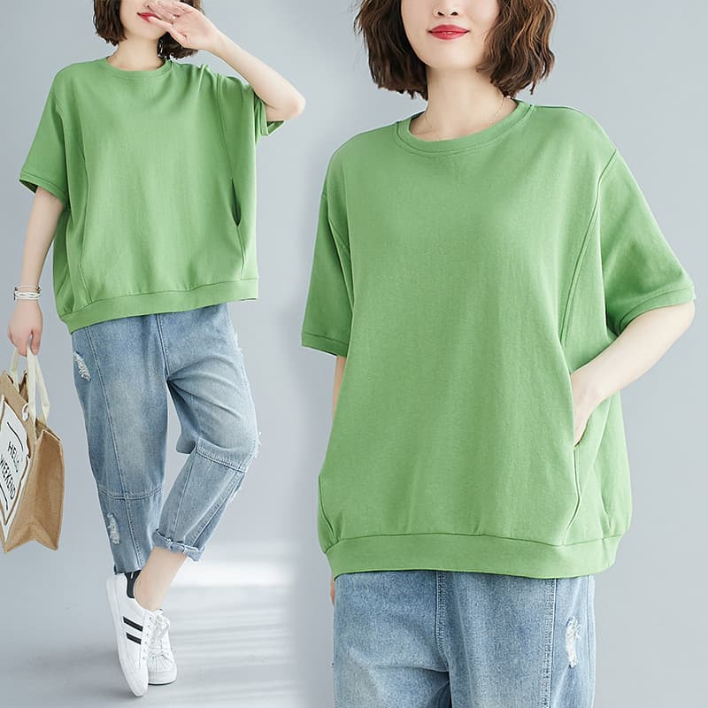 Plus Size Women's Summer Loose Fit Tunic Top Solid Color Round Neck Short Sleeve T-Shirt Slimming and Age-Defying
