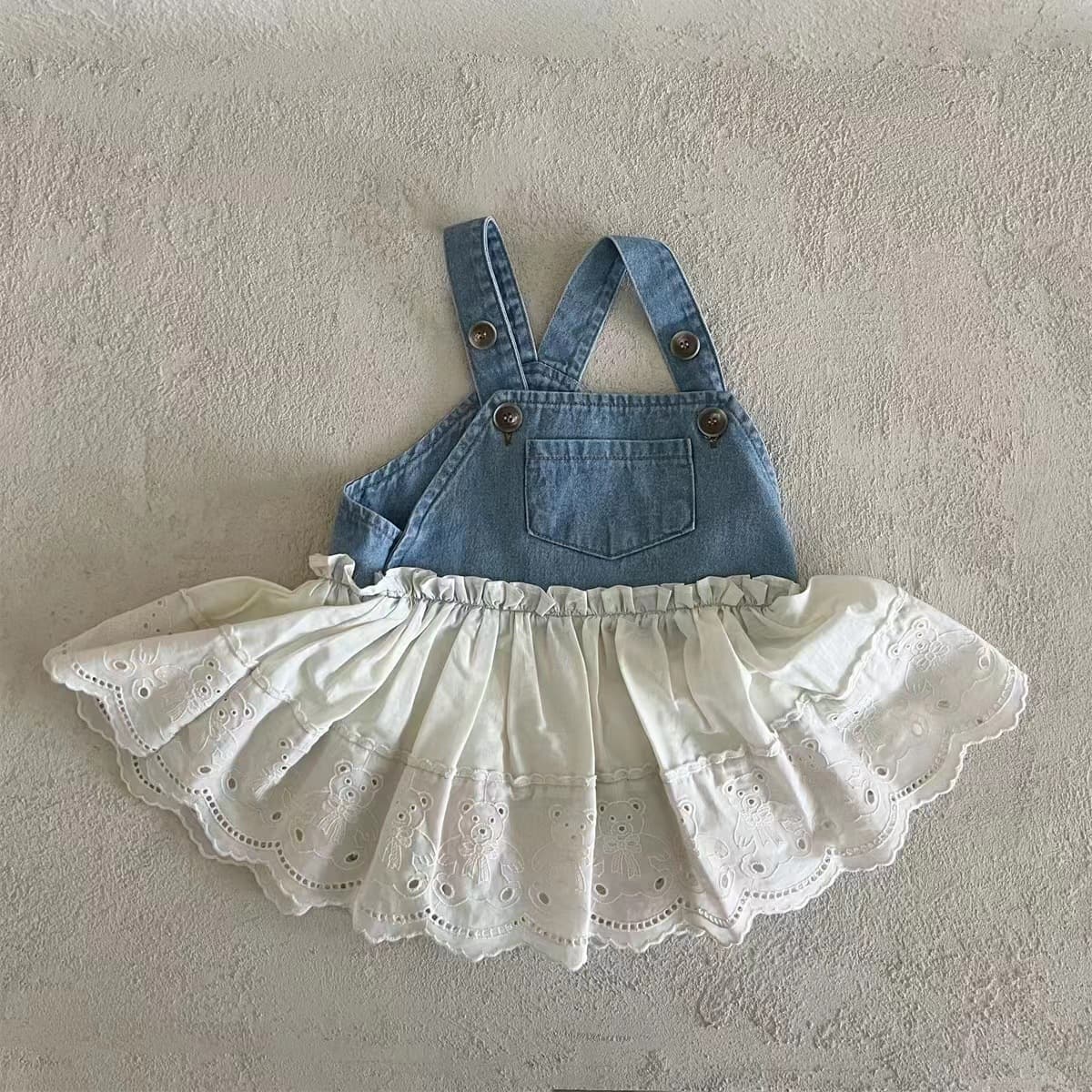 Korean Style Cute Infant and Toddler Clothing Soft Denim Patchwork Baby Girl Spring Embroidered Bear Dress