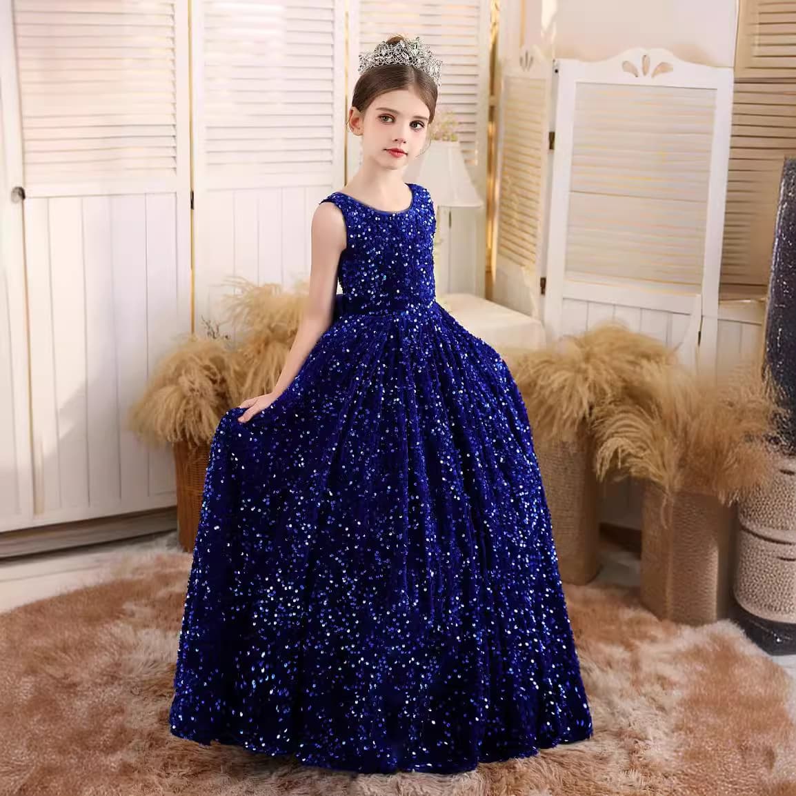 2026 Summer Girls Princess Dress Blue Piano Performance Dress Host Elegant Catwalk Evening Gown