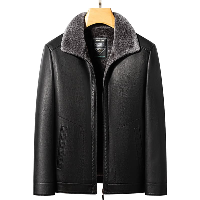 Enobani|Winter cold-proof middle-aged and elderly men's lapel fur one-piece leather jacket men's velvet thickening 2367
