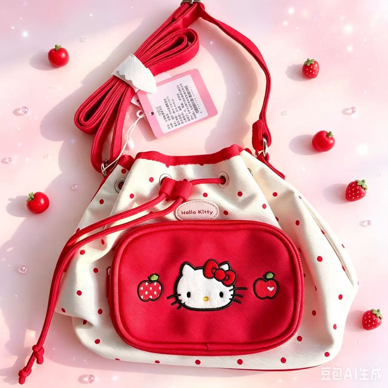 Genuine Sanrio Hello Kitty Strawberry Drawstring Crossbody Bag Cute Girly Heart Student Portable Storage Bag