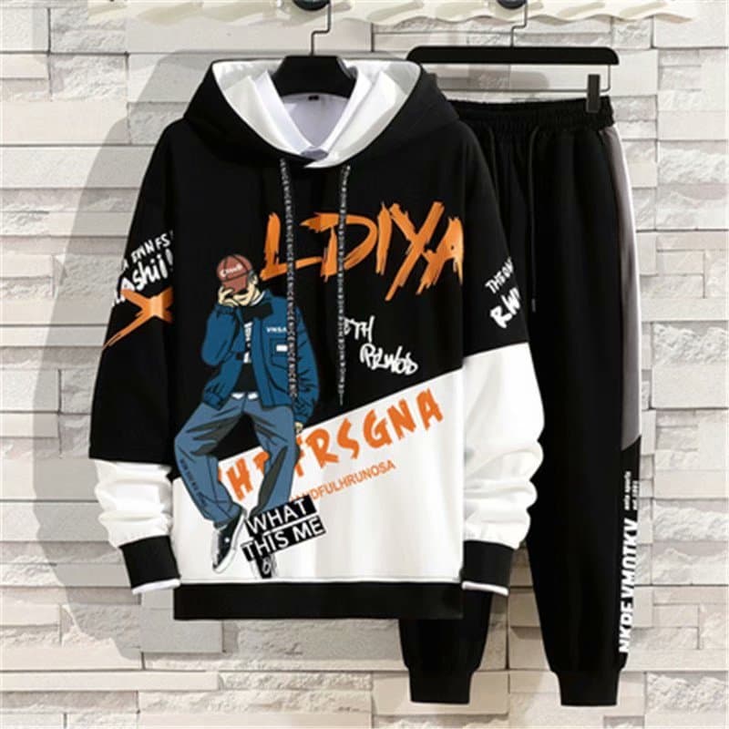 Men's Hoodie Autumn New Korean Trendy Color-Block Loose Knit Graffiti Print Youth Top Set