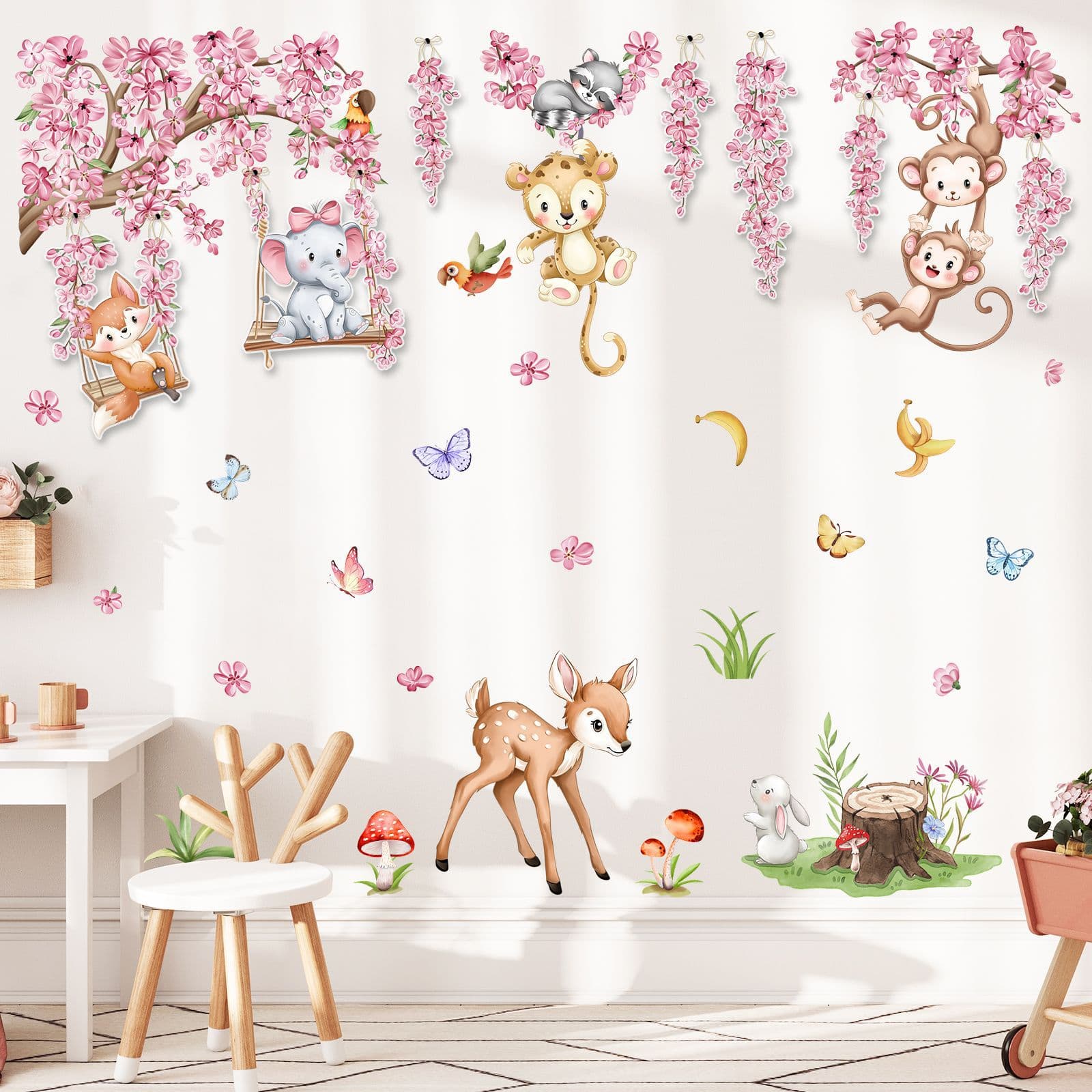 Cartoon animal pink flower vine latte art wall stickers living room bedroom children's room background wall home decoration self-adhesive wall stickers