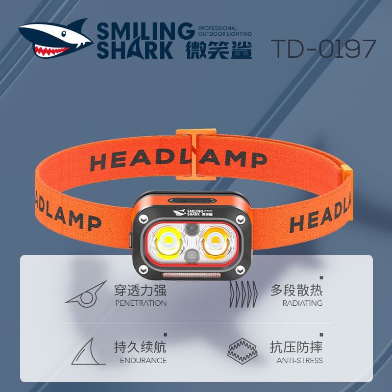 Smiling Shark outdoor three-color light source induction headlamp portable electronic display headlamp camping hiking lighting