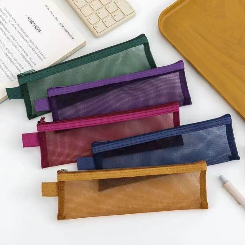 Transparent mesh retro mini pencil bag, simple student exam pencil bag, portable large capacity makeup stationery bag