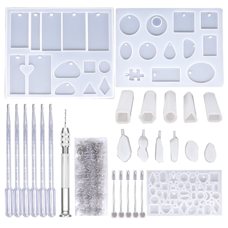 Crystal Epoxy Resin DIY Jewelry Pendant Silicone Mold Kit with Stirring Rod, Hand Drill, Screw Clasp