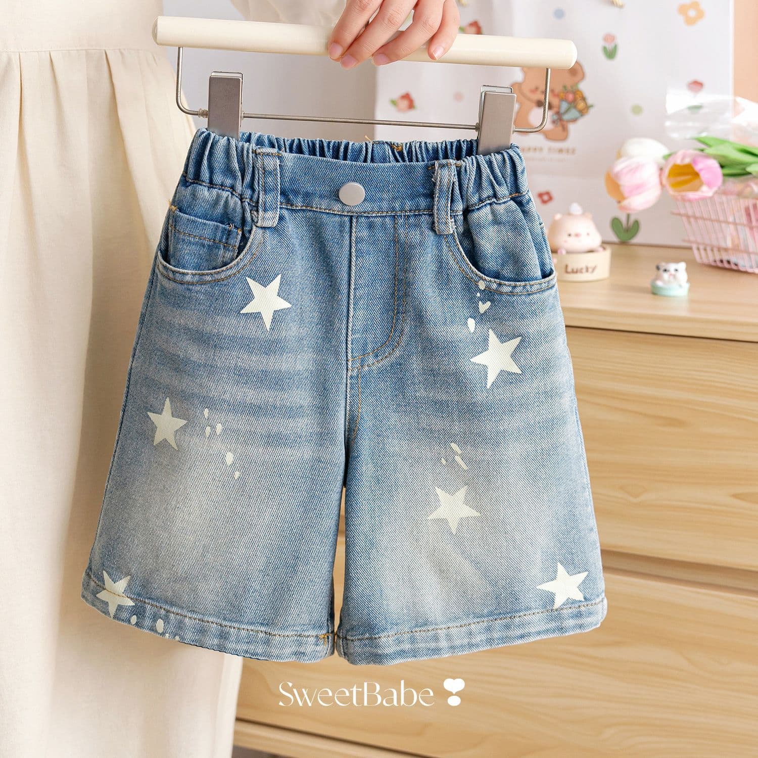 Children's Summer Denim Shorts, Korean Style, Simple and Trendy Star Print Casual Pants for Boys and Girls