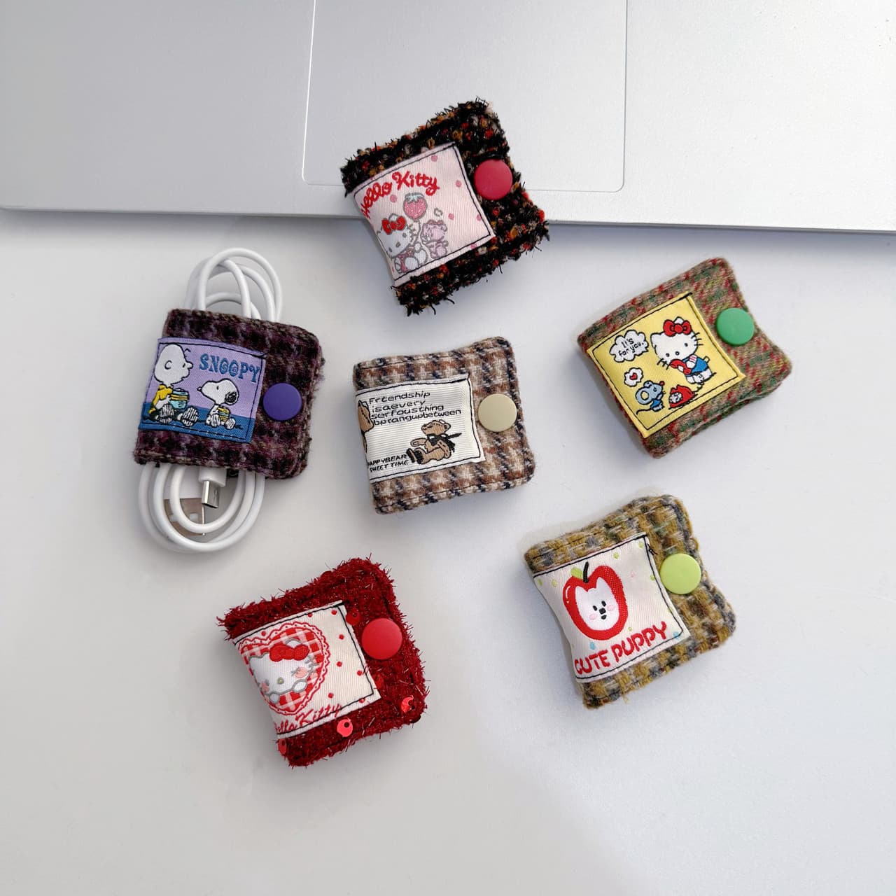 Cute KT Dog and Bear Fabric Cable Organizer Clip Handmade Charging Cable Storage Pouch Brush Storage