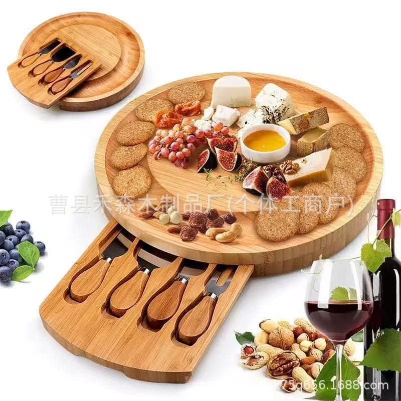 Bamboo and wood cheese cutting board set with drawer, cheese pizza board, wooden round cutting board, bread and pastry plates.