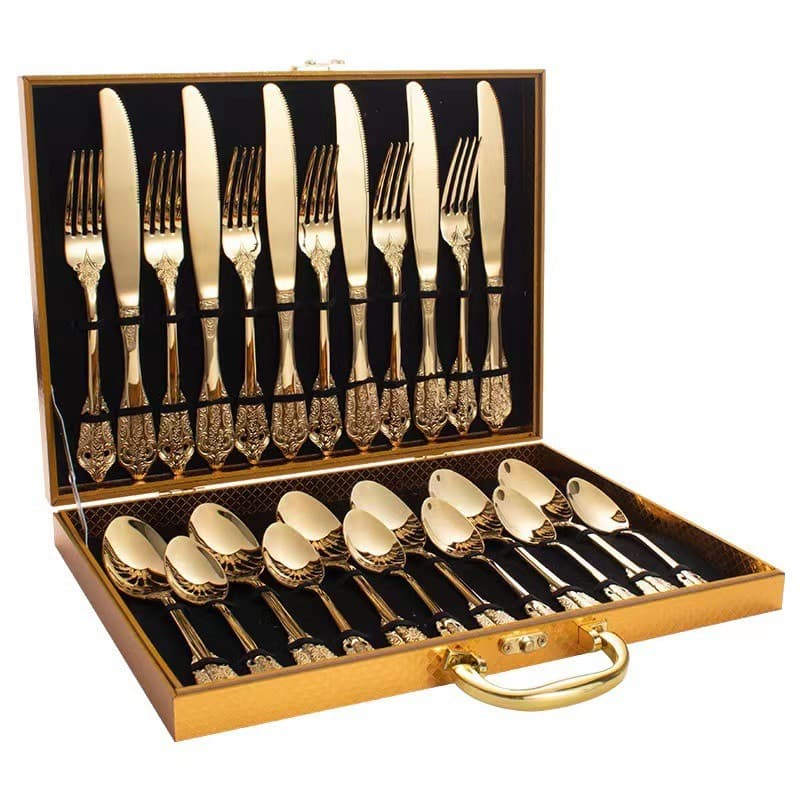 Embossed Palace Cutlery Set 24-Piece Wooden Box Knife Fork Spoon Stainless Steel 304 Gift Box Vintage 304 Stainless Steel