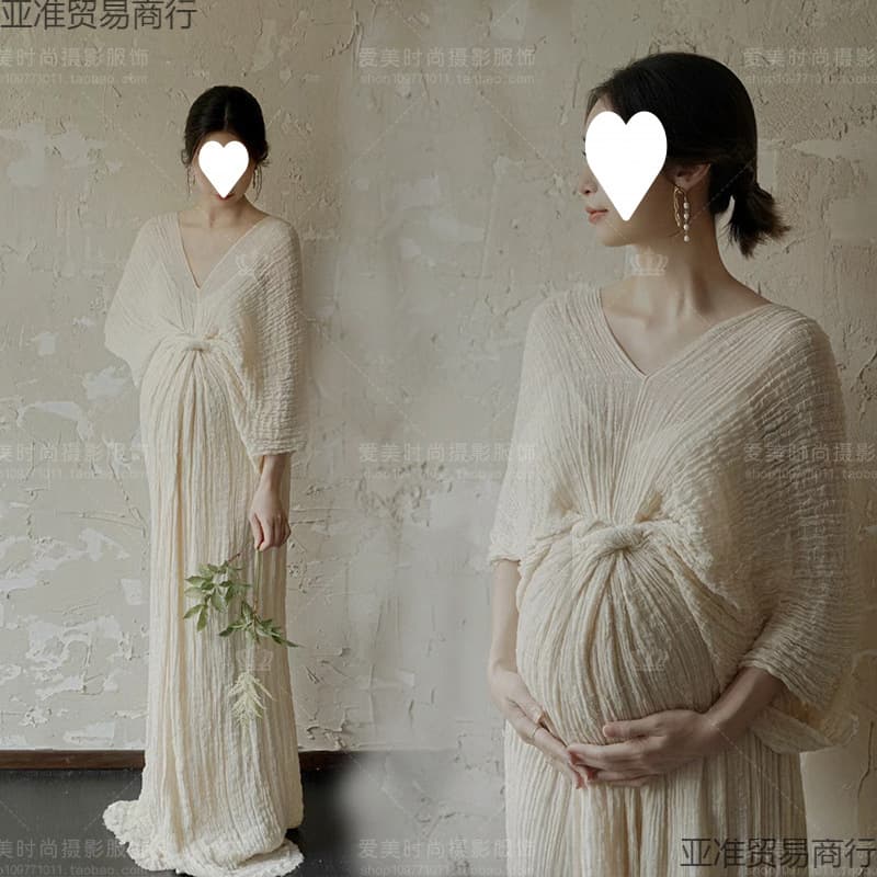 New Retro Chinese-Style Crinkle Dress for Photography Studio, Cool-Toned Maternity Photoshoot Outfit for Pregnant Women