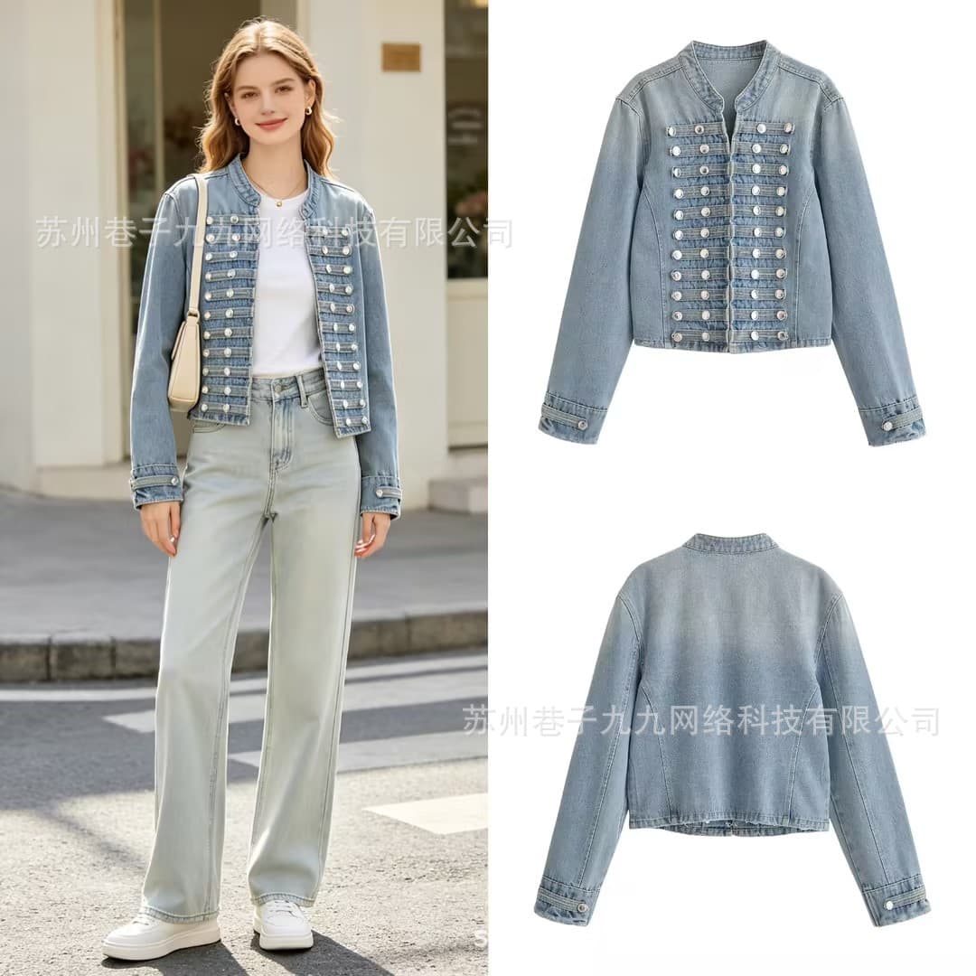 ZR Cross-border Wholesale 2026 New Women's Fashion Trendy Stand Collar Metal Button Short Denim Jacket