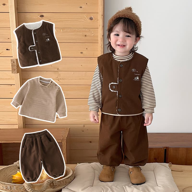 Baby Winter Fleece-Lined 3-Piece Set Retro Coffee Vest Infant Striped Base Layer Top Jogger Pants Warm Kids Clothing