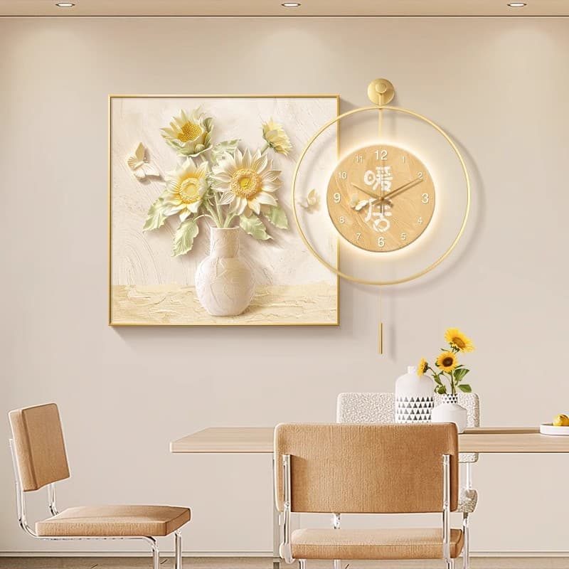 Cream-style restaurant decorative painting abstract floral dining table wall art simple modern living room clock wall clock mural