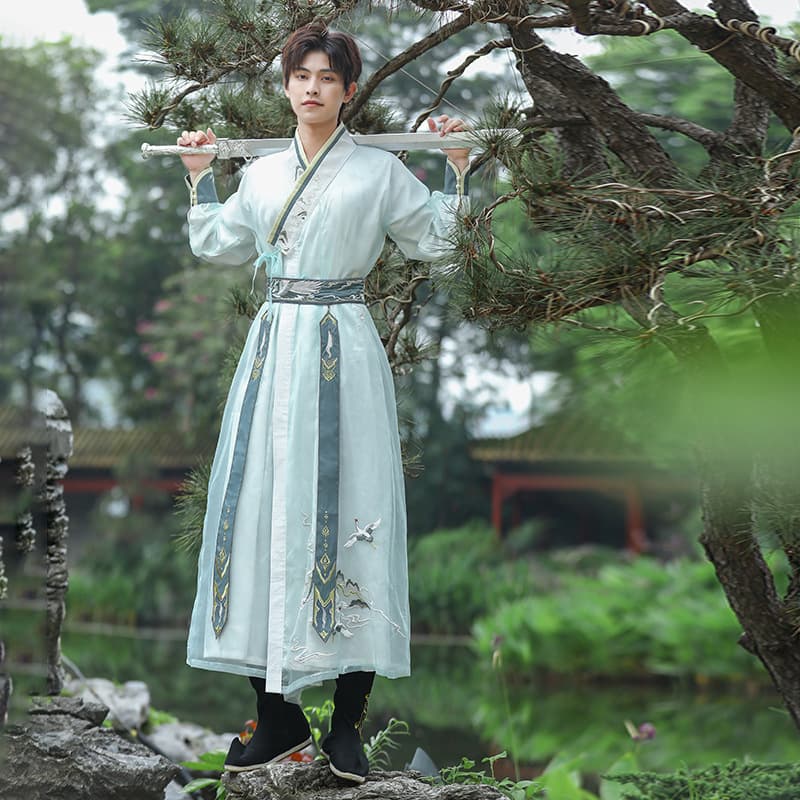 New summer Hanfu straight-hemmed set with waist belt, unisex couple style, flowing crane design, waist belt with detachable frills.