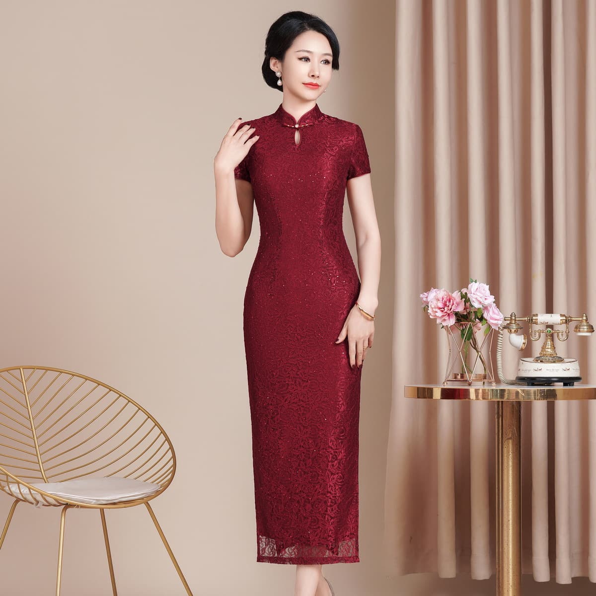 Hongyun embroidery women's slim cheongsam dress wedding national fashion wedding banquet mother's wear temperament short-sleeved long style