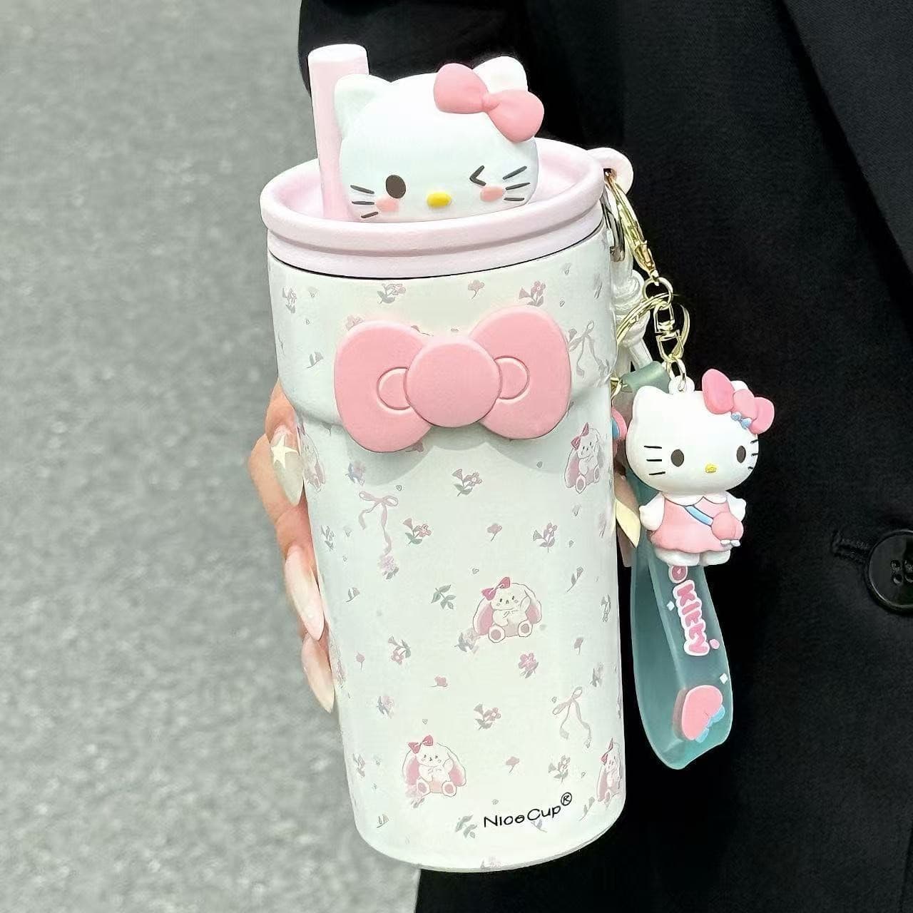 Cute Kitty Thermos Cup for Girls, High Aesthetic Straw Water Cup, Ins-Style Coffee Cup with Tea Infuser, Student Tea Brewing Cup