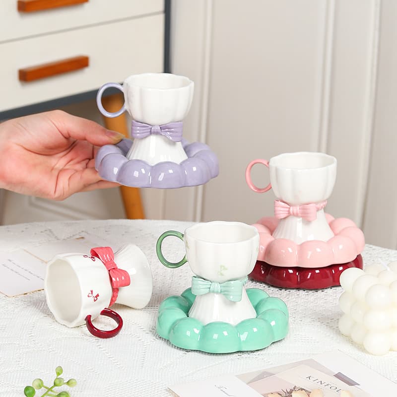 Niche Bow Ceramic Coffee Cup & Saucer, Office Afternoon Tea Flower Cup, Couple Cup, Hand-Pinched Cute Latte Cup