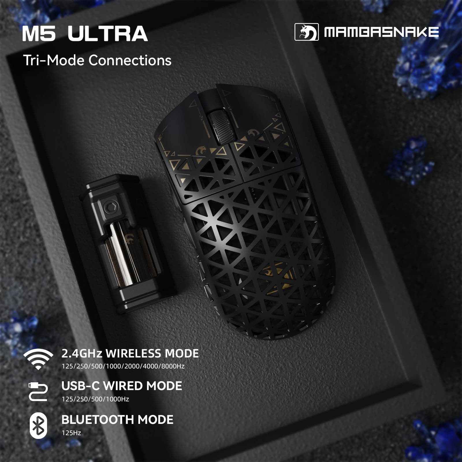 Mamba Snake M5 Ultra Carbon Fiber Wireless Mouse Lightweight PAW3950 Gaming Tri-Mode Bluetooth 8K Mouse