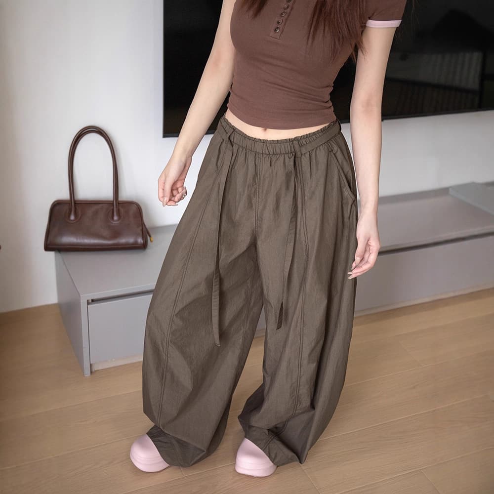 Korean-Style Curved Hem Air Pants for Women, Summer New Quick-Dry Versatile Slimming Ruffled Pleated Casual Wide-Leg Pants Long Pants