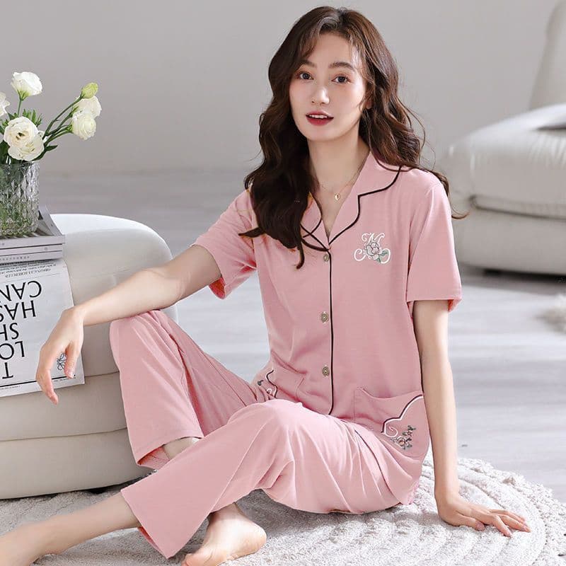 Women's Cotton Pajama Set Summer Thin Short Sleeve Long Pants 2023 New Plus Size Cardigan Homewear Suit
