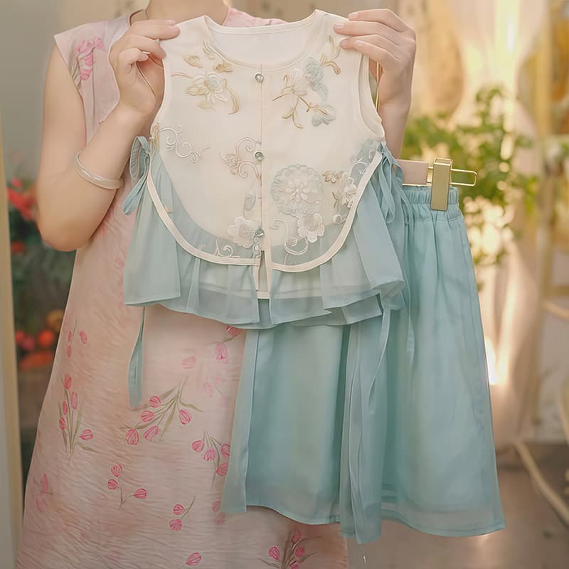 New Chinese style suit summer two-piece wide-leg pants for girls new Tang suit Chinese style vest girls Hanfu suit