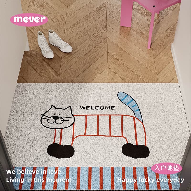 Blue kitten cartoon doormat, scraper/frame type, anti-slip, customizable for entryway, main doorway, or outside.