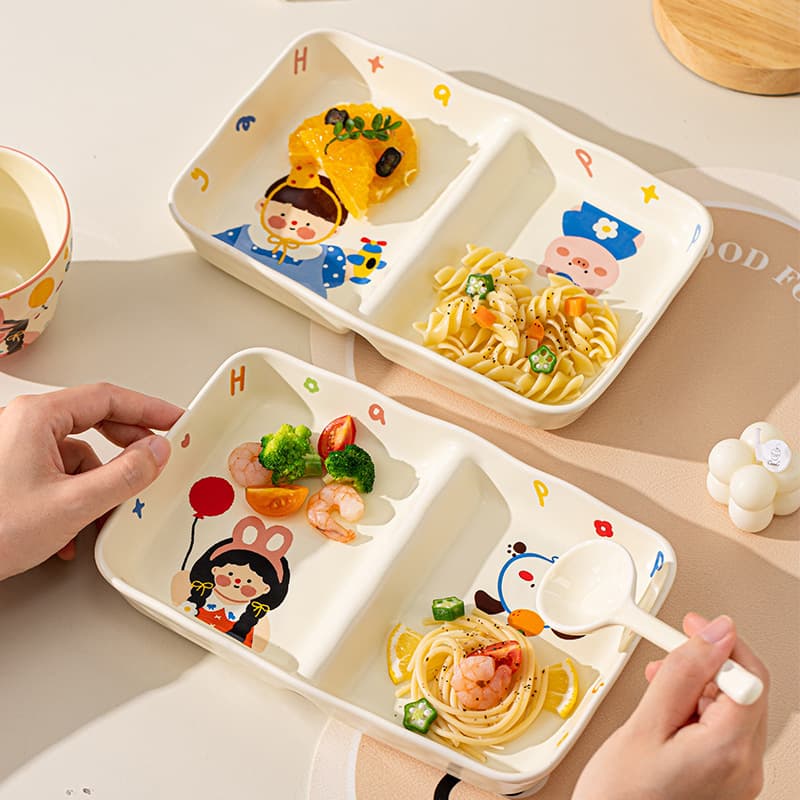 Cartoon Tableware Ceramic Kids Divided Plate for Weight Loss, Household Rice Bowl, Breakfast Plate, Wholesale Ceramic Bowl and Plate Set