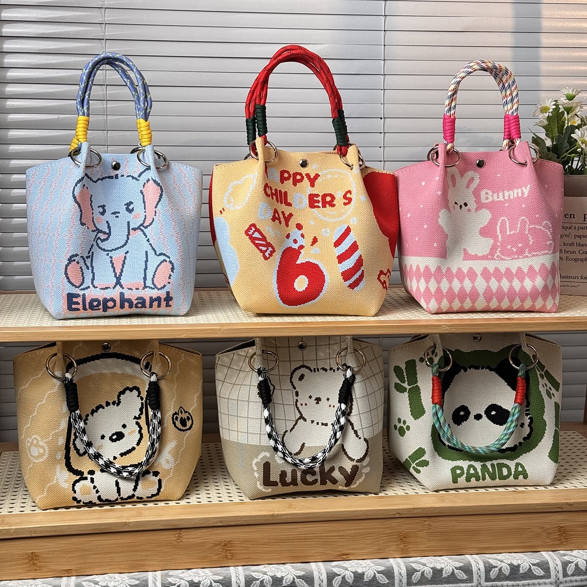 Cartoon Animal Jacquard Knitted Handbag, Children's Day Gift Bag, Parent-Child Style Woven Tote, Large Capacity