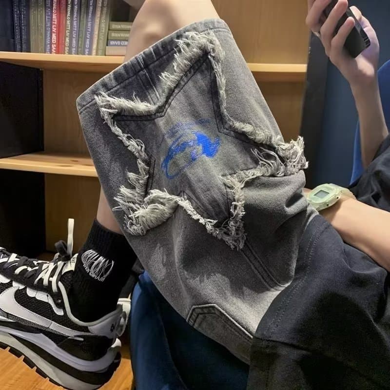 Star Embroidered Denim Shorts Men's Summer High Street Ins Trendy Brand Loose 5-Point Pants American Retro Trendy Brand Pants