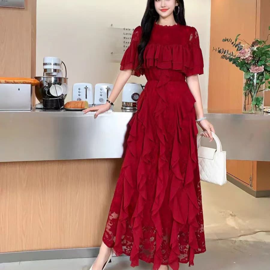 Women's Summer Dress Sensibility Round Neck Flare Sleeve Waist-Fitted Slimming Lace Ruffle Edge Long Dress European And American