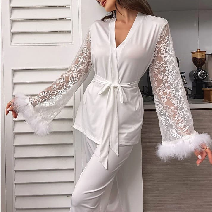 New European and American Amazon Cross-border Sexy Lingerie Set with Lace V-Neck and Fluffy Sleeves