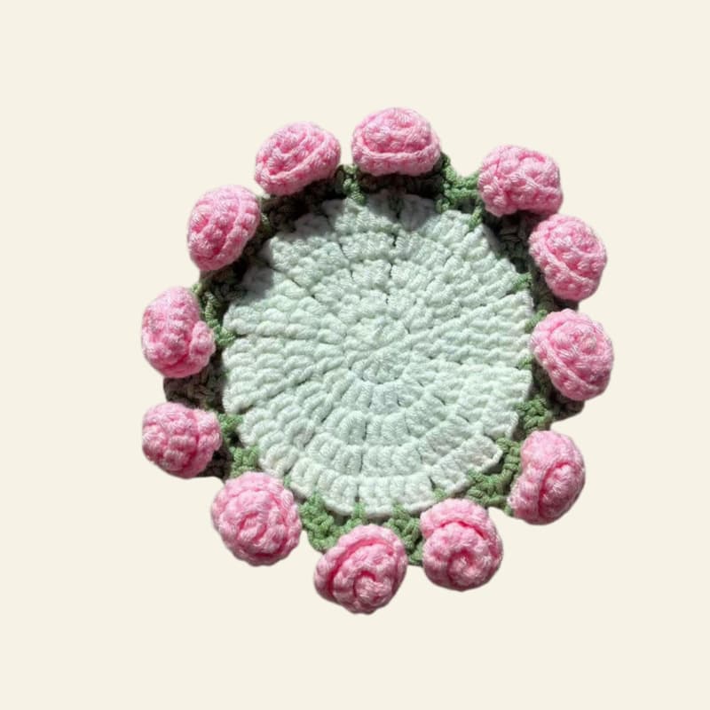 Handmade Crochet Rose Bouquet Coaster, Creative Knitted Flower Coaster Gift, In Stock
