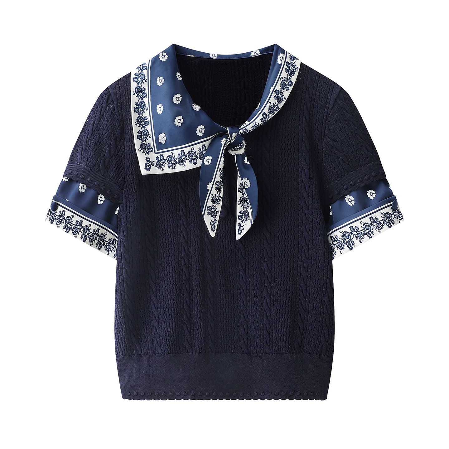 In Stock 2026 Spring New Fashion Beaded Print Scarf Short Sleeve Knit Top FF26C51ZB167