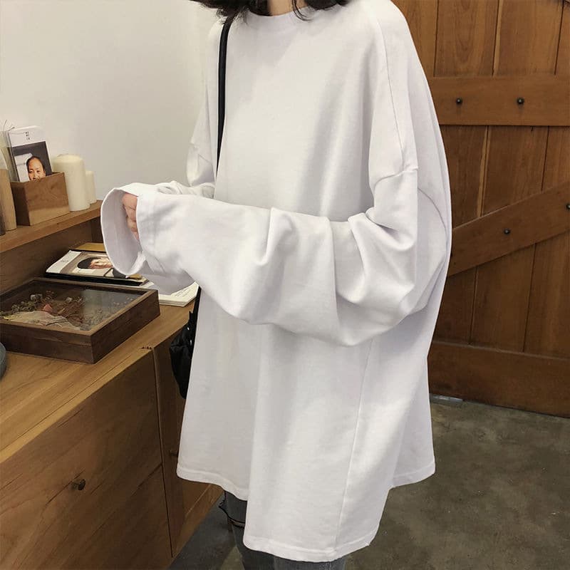 [Custom] Loose Mid-Length Solid Color Long Sleeve T-Shirt for Women, Korean Lazy Style Round Neck Basic Top, Versatile