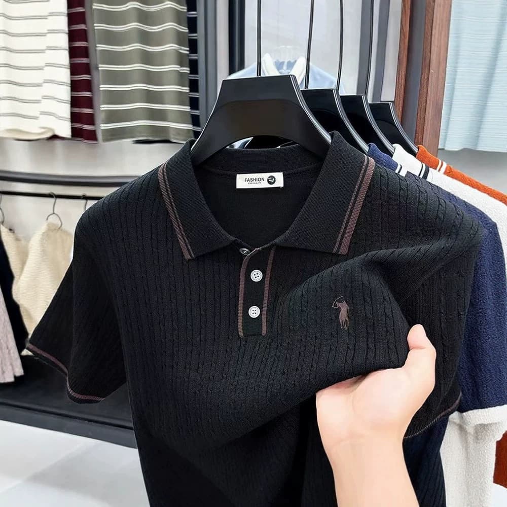New Men's Old Money Style Embroidered Floral Knit Polo Shirt Breathable Contrast Button Turn-Down Collar Short Sleeve Business