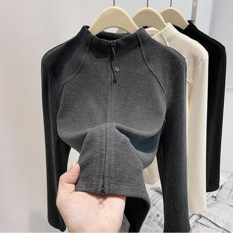 Black Half-Turtleneck Thermal Knit Top Women's Fall/Winter Double-Zip T-Shirt Slimming Inner Layer Cardigan Top Trendy