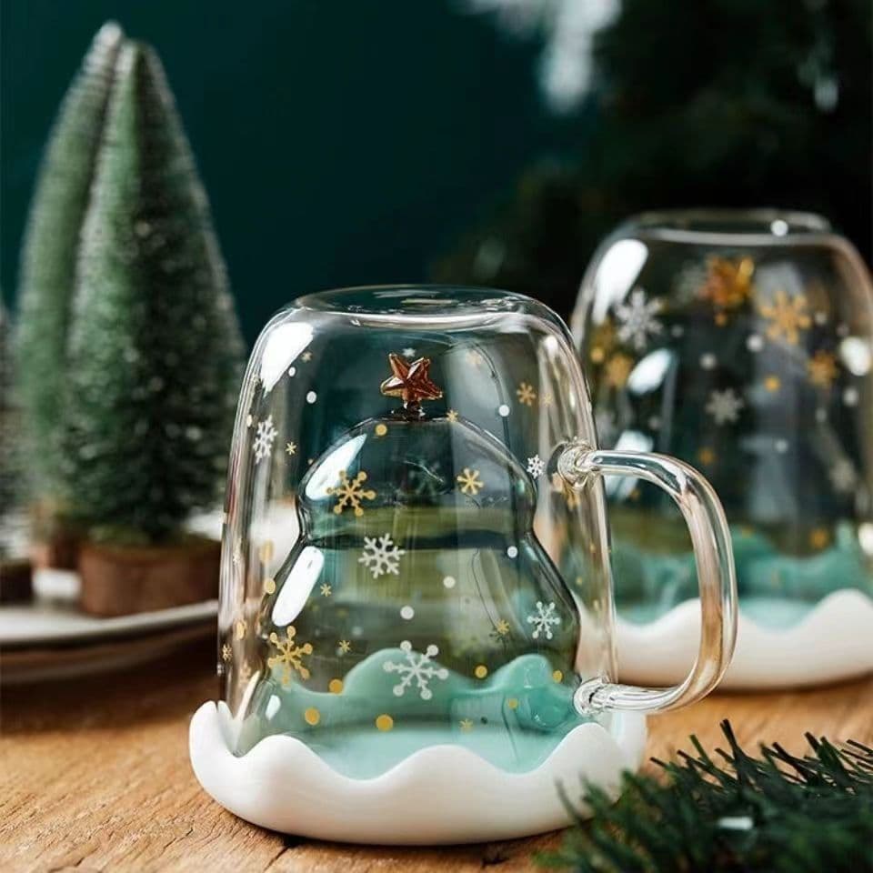Christmas cup double-layered glass cross-border wholesale cute snowflake Christmas tree mug with lid and handle anti-scalding and insulated mug