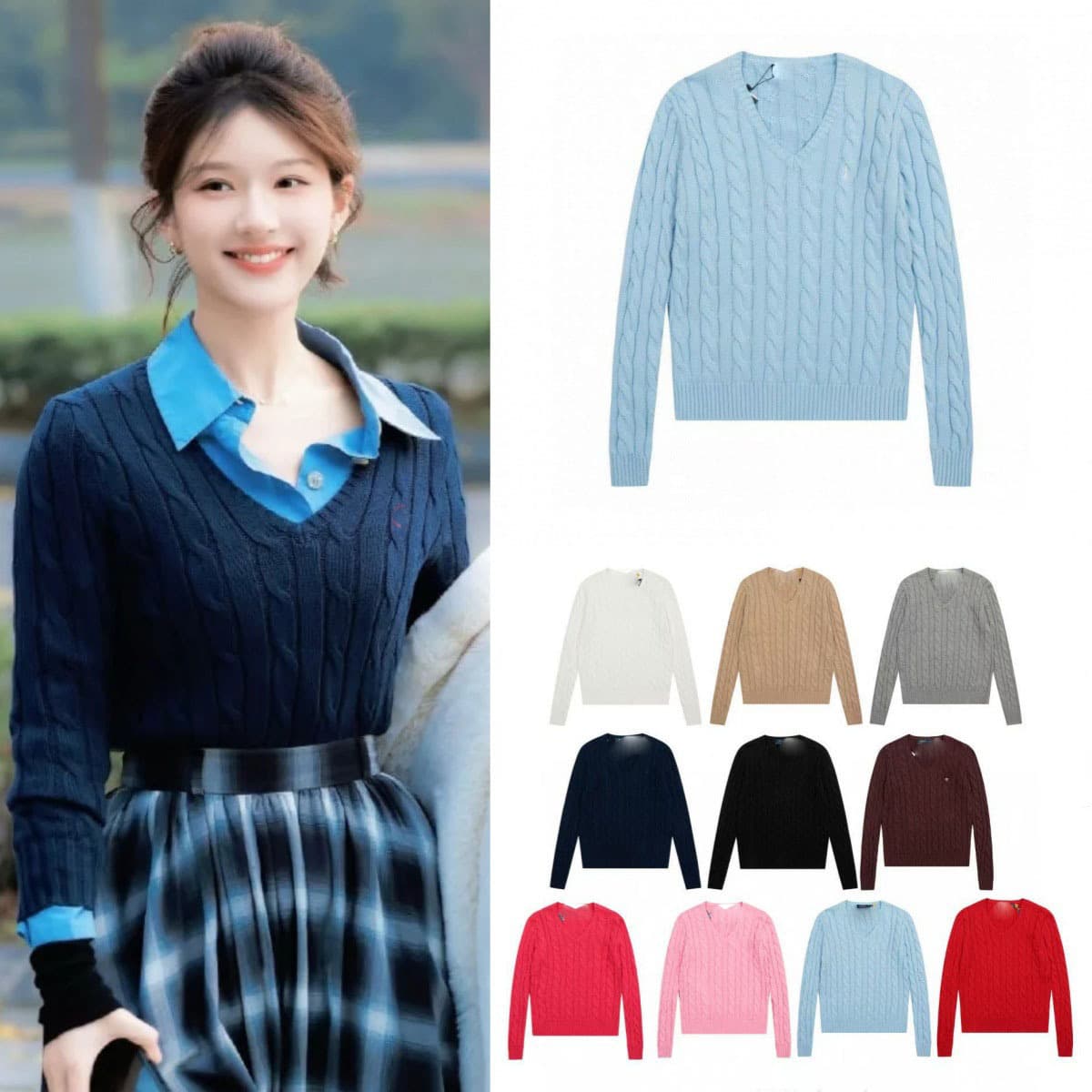 RL Raff pony embroidered logo hemp flower V-neck knitted pullover sweater women's Zhao Lusi same style top