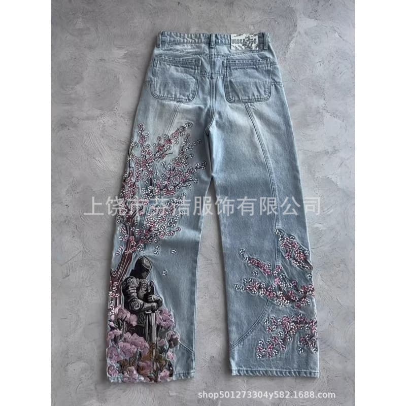 2025 New Cross-border E-commerce Independent Station European and American Floral 3D Digital Print Faux Denim Straight Leg Floor-Length Pants