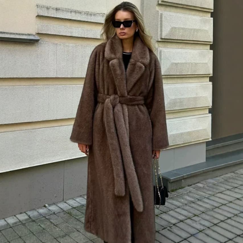 Autumn and winter mink fur coat, extra long fashionable imitation fur coat, women's suit collar and belt, environmentally friendly fur top