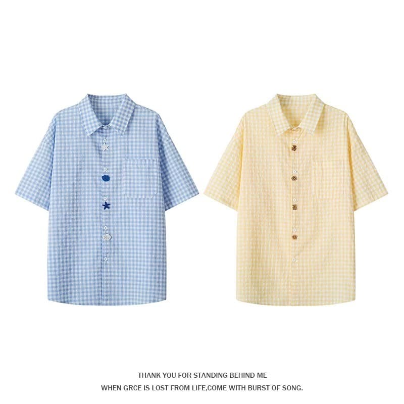 Plaid Shirt Jacket Fun American Button Short Sleeve Shirt Men's Women's Summer Dopamine Big Size Casual Polo Shirt