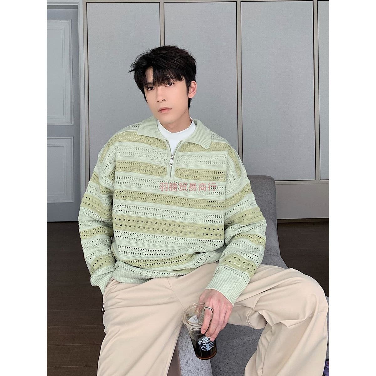 Autumn Hollow Striped Zipper Sweater Unisex Long Sleeve Polo Shirt Lazy Style Knitwear High-End Feel Sweater Turn-Down Collar