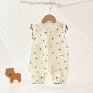 New Summer Gauze Short Sleeve Bodysuit, Baby Girl Polka Dot Flutter Sleeve Romper Thin Newborn Clothing