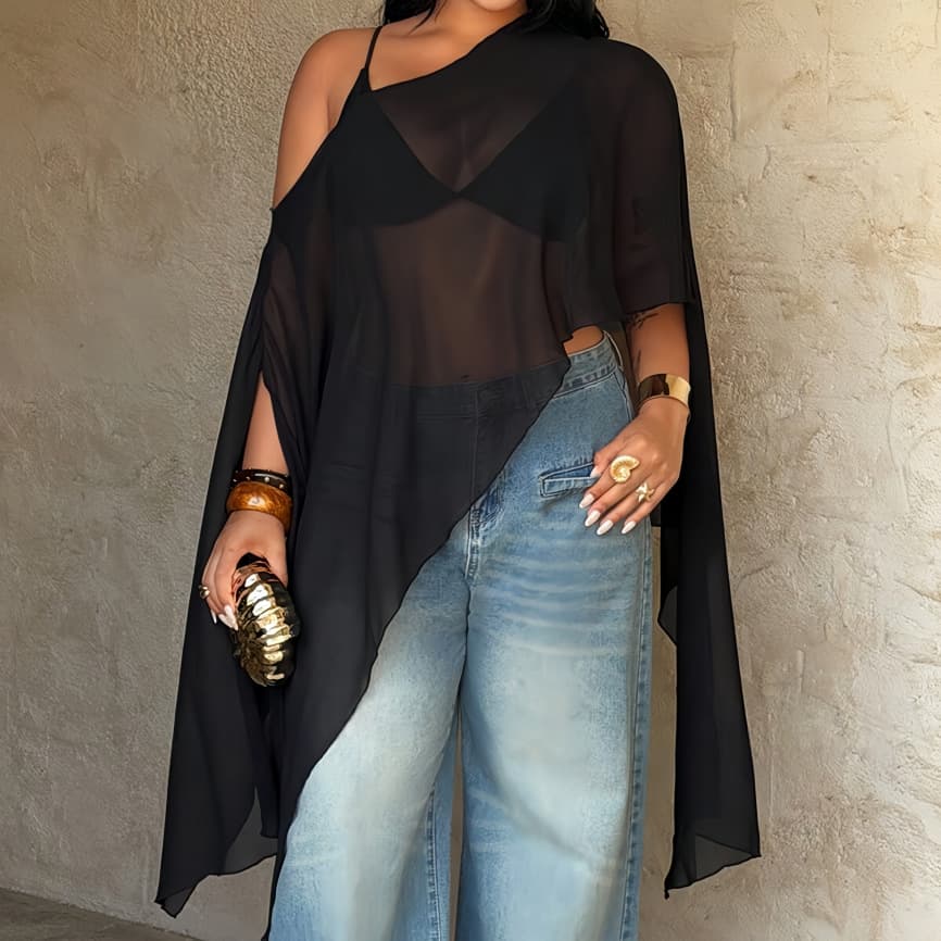 2026 Amazon European and American Cross-Border New Style See-Through Irregular Shawl Top for Women, Summer Loose Thin Sexy Style